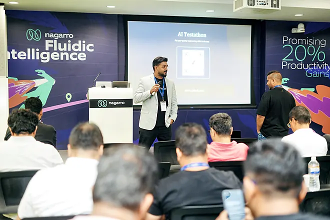 Speaker presenting at an AI Testathon session